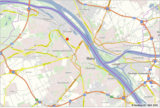 Lage der Maßnahme im Mainzer Stadtgebiet durch roten Punkt gekennzeichnet