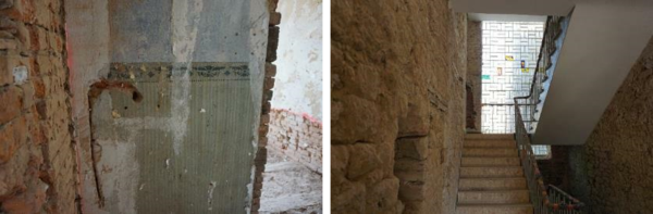 Detail einer alten Tapete. Treppenhaus im Innern des Gebäudes. Die Steine der Wände sind bloßgelegt. Die Treppe scheint aus den 70er Jahren zu sein. Die Wand zum Hof heraus besteht aus Glasbausteinen