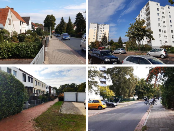 Vier Fotos mit Ansichten aus Huchting: man sieht u.a. eine Straße mit Einfamilienhäusern, zwei weiße Hochhausblöcke mit acht Stockwerken, eine Reihe schmale Reihenhäuser und eine Straße mit Fahrradfahrern. Überall ist blauer Himmel und es gibt viele Bäume