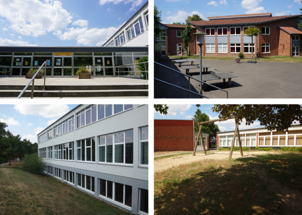 Collage der Außenansichten des Schulgebäudes mit anliegendem Schulhof.
