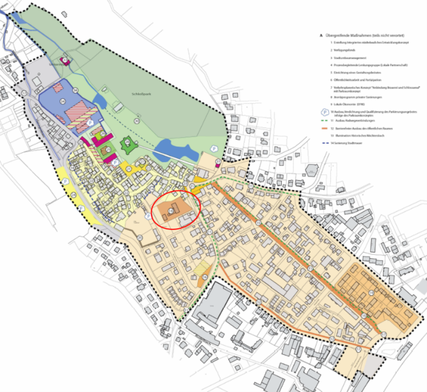 Karte aus dem integrierten Stadtentwicklungskonzept zum Stadtumbaugebiet und den Maßnahmen. Das Amtsgericht liegt zentral und ist rot umkreist.