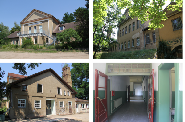 Collage der verschiedenen Ansichten des ehemaligen Schulgebäudes.
